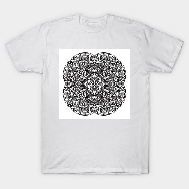 Flowery Mandala - Intricate Black and White Digital Illustration - Vibrant and Eye-catching Design for printing on t-shirts, wall art, pillows, phone cases, mugs, tote bags, notebooks and more T-Shirt by cherdoodles